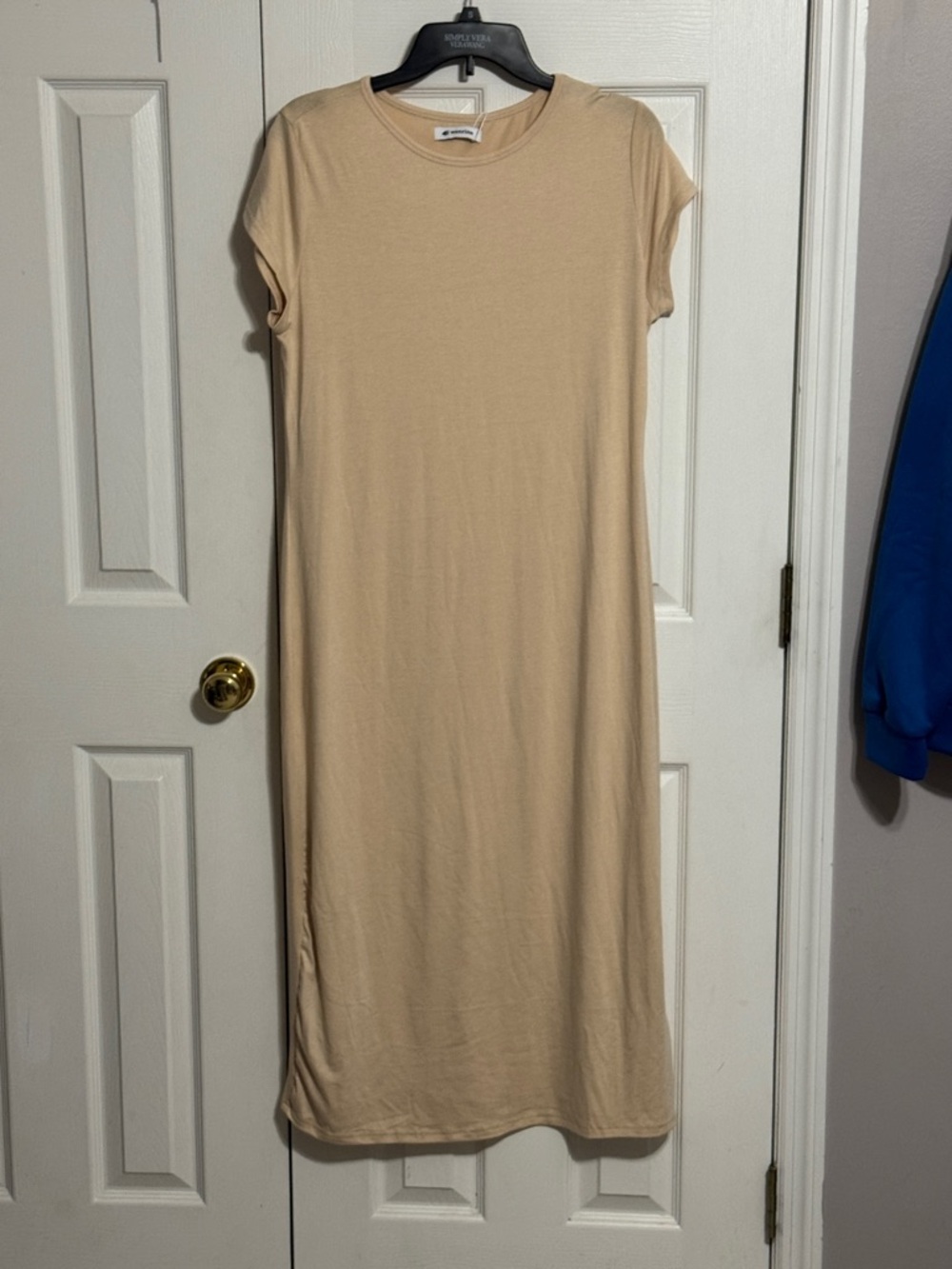 Neutral Beige Short-Sleeve Midi Dress